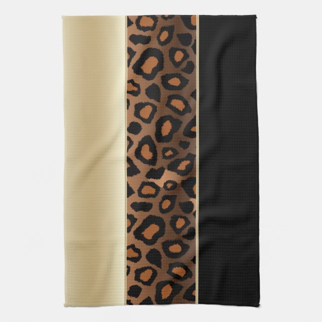 Champagne and Black Leopard Animal Print Kitchen Towel (Vertical)