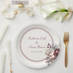 Champagne and Burgandy Floral Wedding Paper Plate