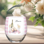 Champagne and Cupcakes Pink Gingham Stemless Wine Glass<br><div class="desc">Cute wine glass, personalized with your name in sweet handwritten lettering. Design features a band of pink and white gingham with watercolor illustration of a bottle of champagne or sparkling wine, glasses, cupcakes and pink flowers. Please browse my Cupcakes and Cava Bridal Shower Collection for co-ordinating games and signs or...</div>
