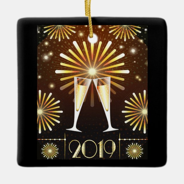 Champagne and Fireworks New Years Eve 2019 Ceramic Ornament (Front)