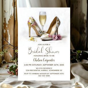 Champagne and Floral High Heel Shoes Invitation