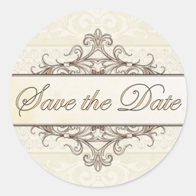 Champagne and Gold Filigree Save the Date Sticker (Front)