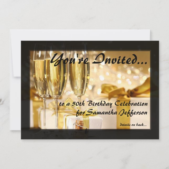 Champagne and Sparkles Golden 50th Invitations (Front)