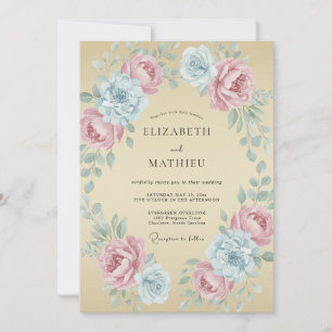 Champagne Aqua Blossom Wedding Invitation