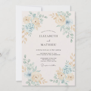Champagne Aqua Foliage Soft Eucalyptus Wedding Invitation