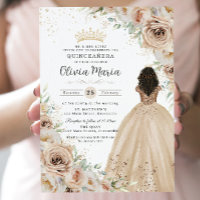 Champagne Beige Cream Floral Princess Quinceañera 