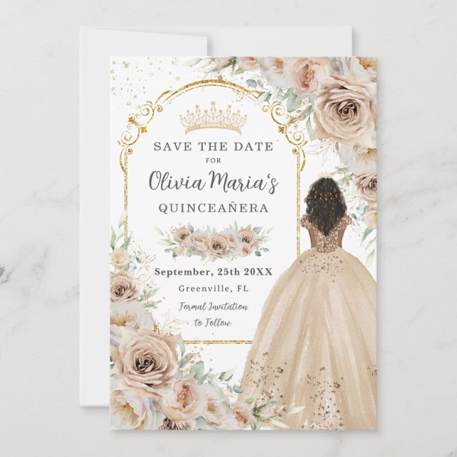 Champagne Beige Cream Floral Princess Quinceañera  Save The Date (Front)
