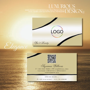 Champagne Beige Curved Decor Lines Logo QR Code Business Card