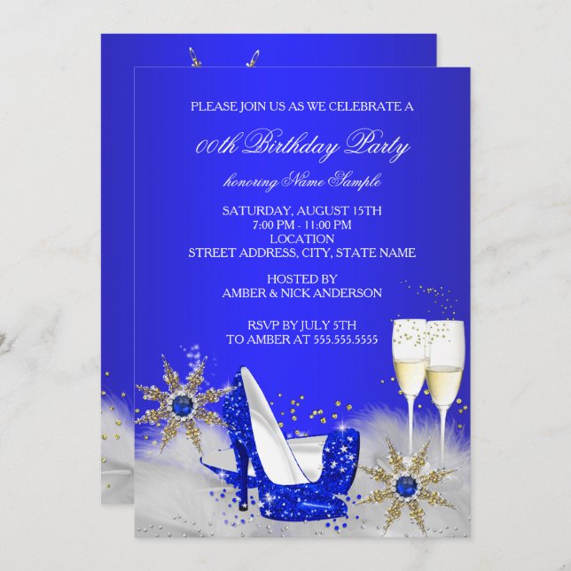 Champagne Birthday Party Royal Blue High Heels Invitation (Front/Back)