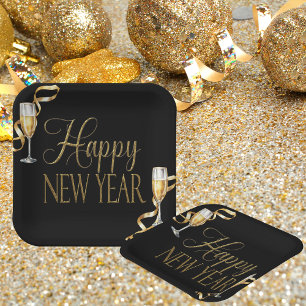 Champagne Black & Gold New Year's Eve Party Paper Plate
