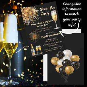 Champagne Black & Gold Nouvel An Invitation de rév