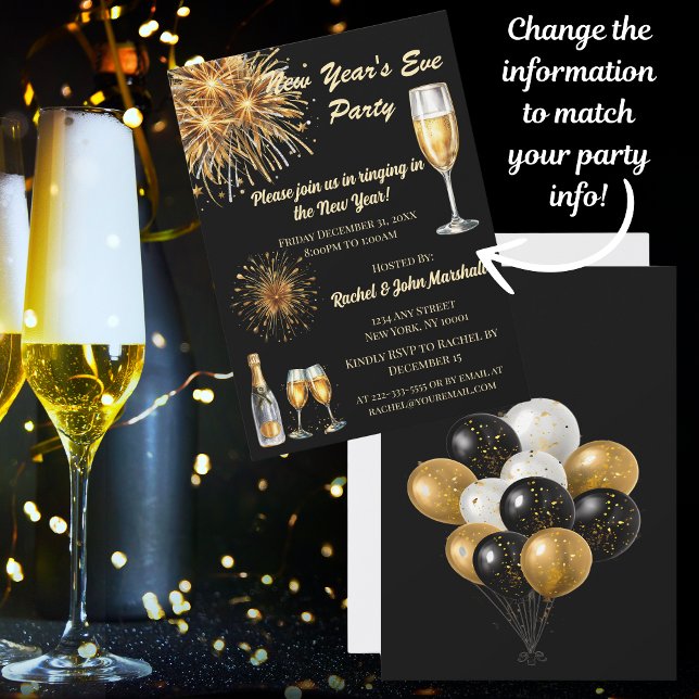 Champagne Black & Gold Nouvel An Invitation de rév (Send your New Year's Party Invitation with elegance and style!)