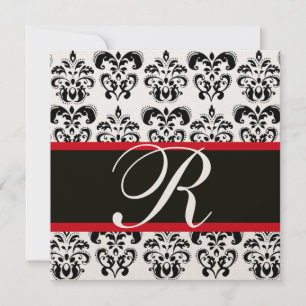 CHAMPAGNE & BLACK  RED  DAMASK MONOGRAM , white Invitation