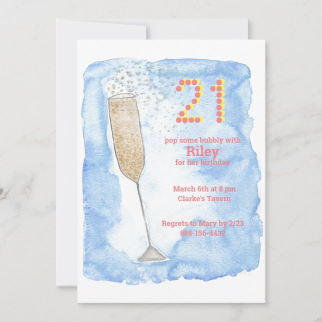 Champagne blue 21st birthday invitation (Front)