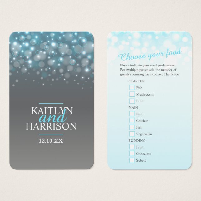 Champagne blue grey wedding food choice cards (Front & Back)
