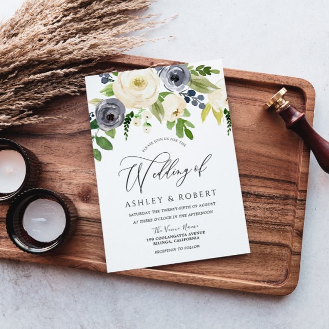 Champagne Blush Navy Blossom Flowers Wedding Invitation (Creator Uploaded)