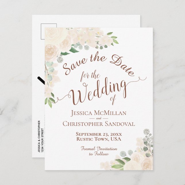 Champagne Blush Peach Floral Wedding Save the Date Announcement Postcard (Front/Back)