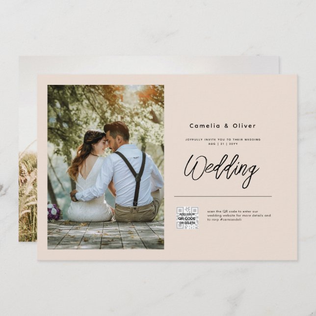 Champagne Blush PHOTO Faire-part de mariage QR Cod (Devant / Derrière)