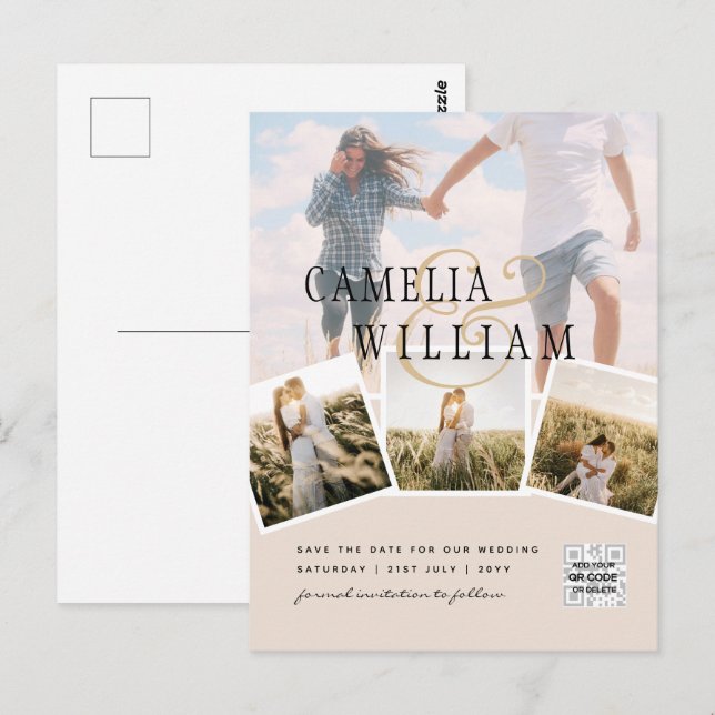 Champagne Blush PHOTO Save the Date QRcode Website Postcard (Front/Back)