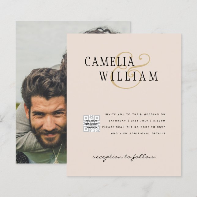 Champagne Blush PHOTO Wedding Invitation QR Code (Front/Back)