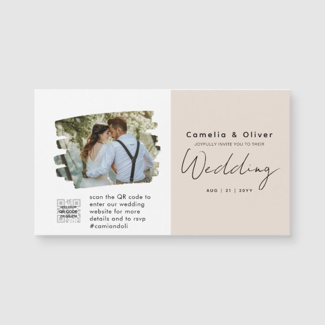 Champagne Blush PHOTO Wedding Invitation QR Code (Front)