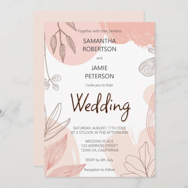 Champagne Blush Pink - Hand Drawn Floral Wedding Invitation (Front/Back)