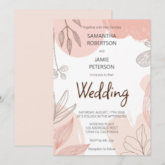Champagne Blush Pink - Hand Drawn Floral Wedding Invitation