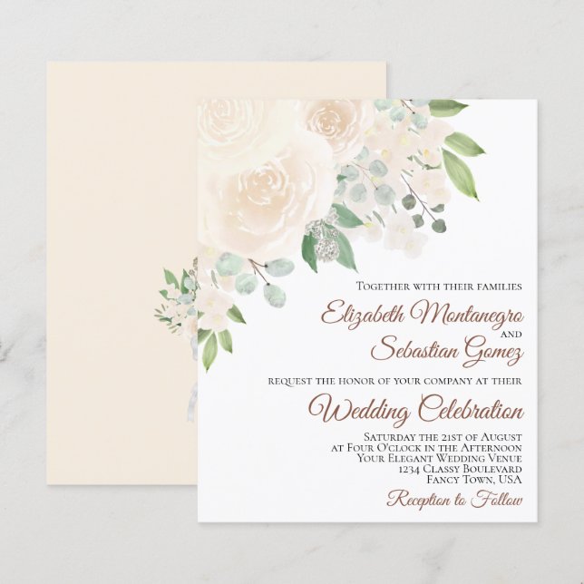 Champagne Blush Roses Boho BUDGET Wedding Invite (Front/Back)