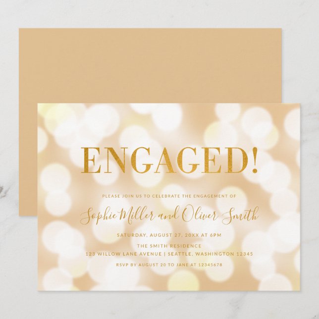 Champagne Bokeh Lights Faux Gold Engagement Party Invitation (Front/Back)