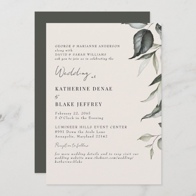 Champagne Botanical Foliage Website Wedding Invitation (Front/Back)