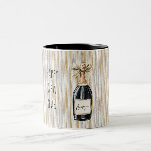 Champagne Bottle Gold Silver Stripes New Year Two-Tone Coffee Mug (Center)