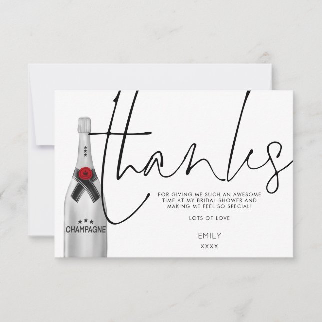 Champagne Bottle Stylish Script Bridal Shower Thank You Card (Front)