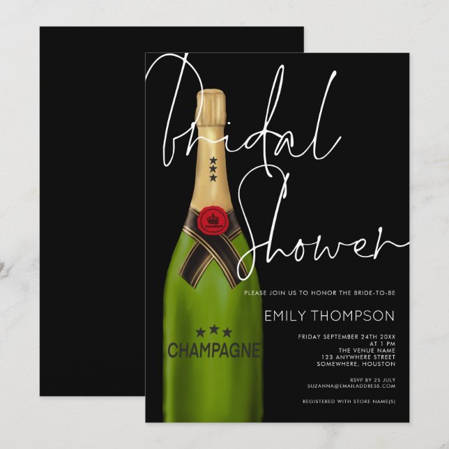 Champagne Bottle White Script Black Bridal Shower  Invitation (Front/Back)