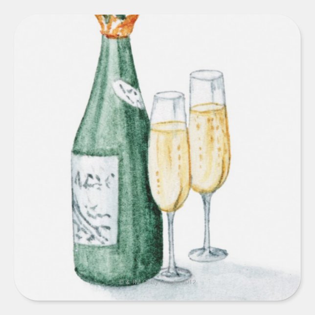 Champagne Bottles and Two Glasses Square Sticker (Front)