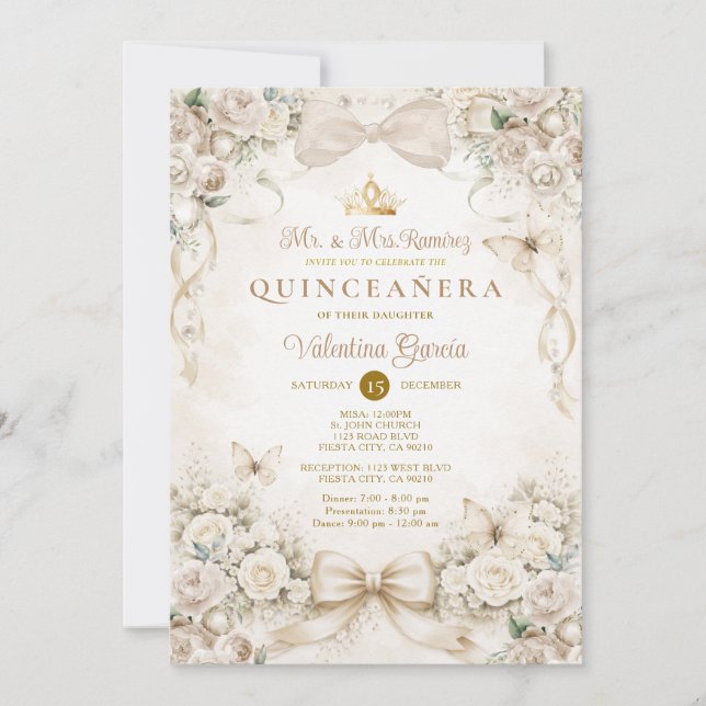 Champagne Bow Floral Quinceañera Princess Invitation (Front)