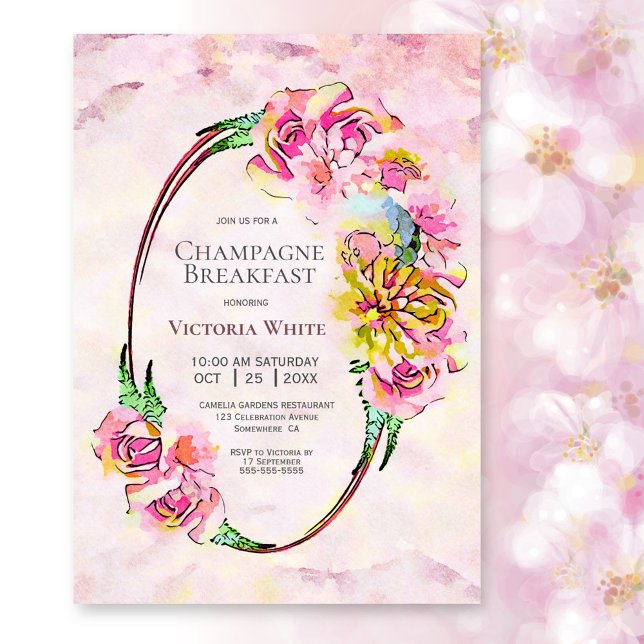 Champagne Breakfast Pink Floral Watercolor Invitation (Creator Uploaded)