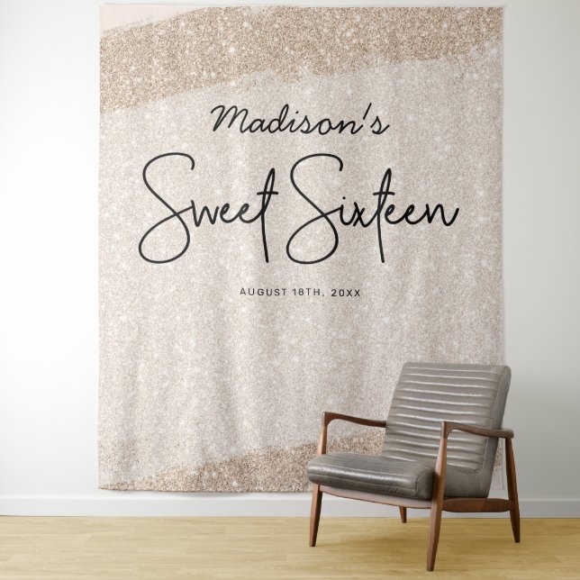 Champagne Brush Glitter Sweet 16 Backdrop Tapestry (In Situ)