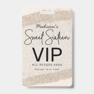 Champagne Brush Glitter Sweet 16 Invitation VIP Badge