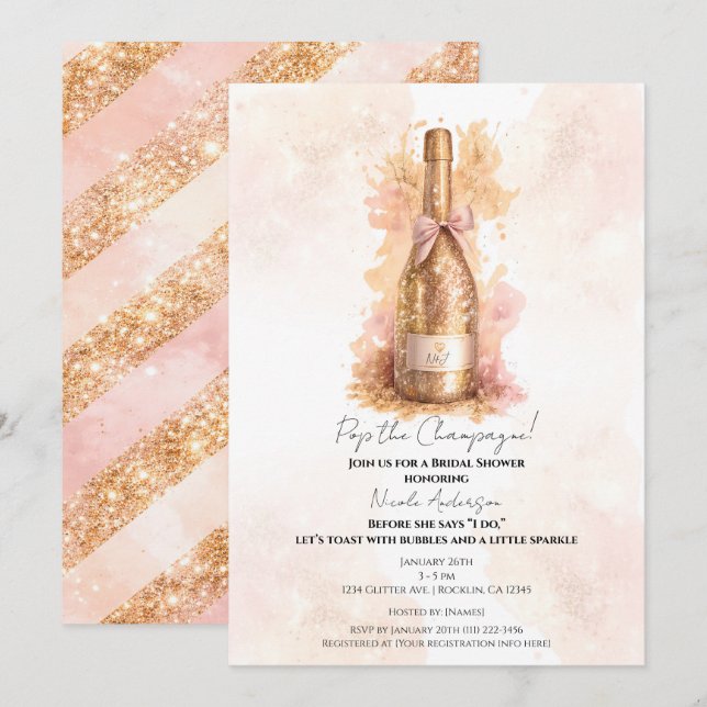 Champagne Bubbly & Gold Glitter Bridal Shower Invitation (Front/Back)