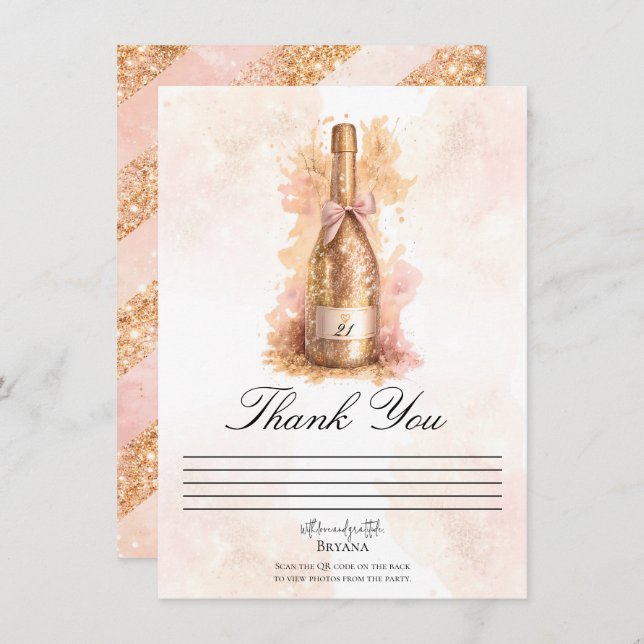 Champagne Bubbly & Gold Glitter Thank You Card (Front/Back)