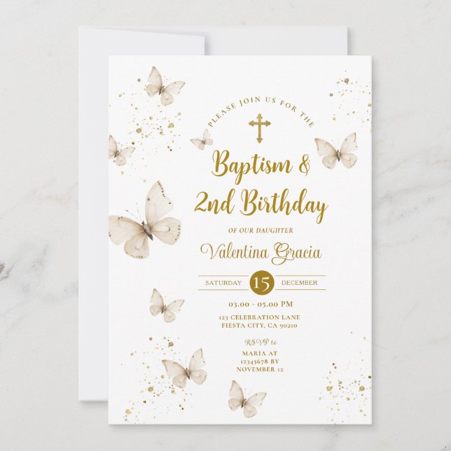 Champagne Butterfly Girl Birthday Baptism Cross Invitation (Front)
