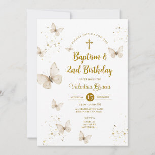 Champagne Butterfly Girl Birthday Baptism Cross Invitation