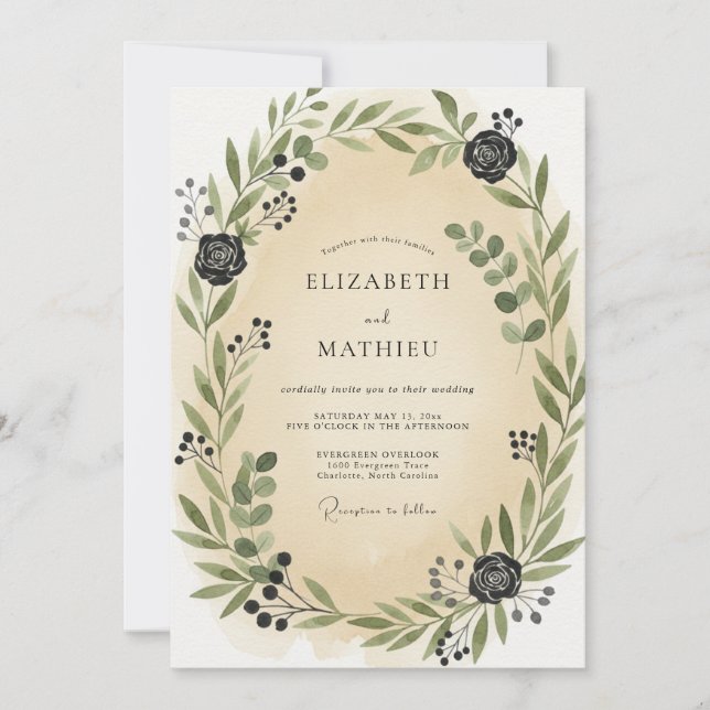 Champagne Charcoal Leafy Wedding Invitation (Front)