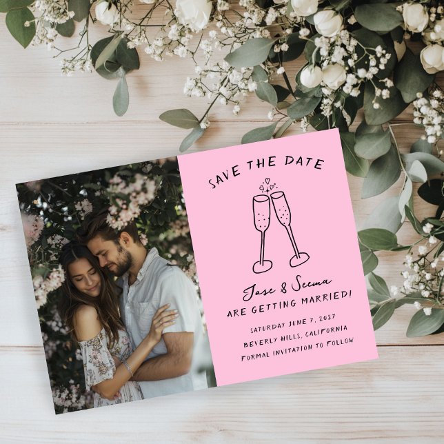 Champagne Cheers Hand Drawn Custom PHOTO Save The Date (Champagne Cheers Hand Drawn Custom PHOTO Save The Date
)
