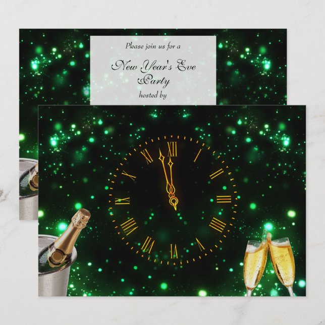Champagne & Clock New Year's Eve Invitation (Front/Back)