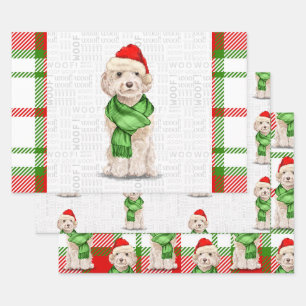 Champagne Cockapoo Christmas Dog and Plaid Wrapping Paper Sheet
