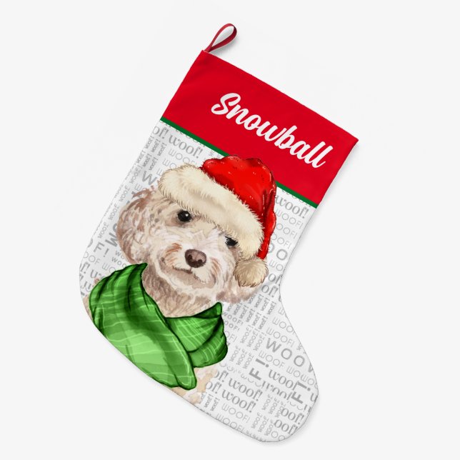 Champagne Cockapoo Christmas with Dog's Name Large Christmas Stocking (Front (Hanging))