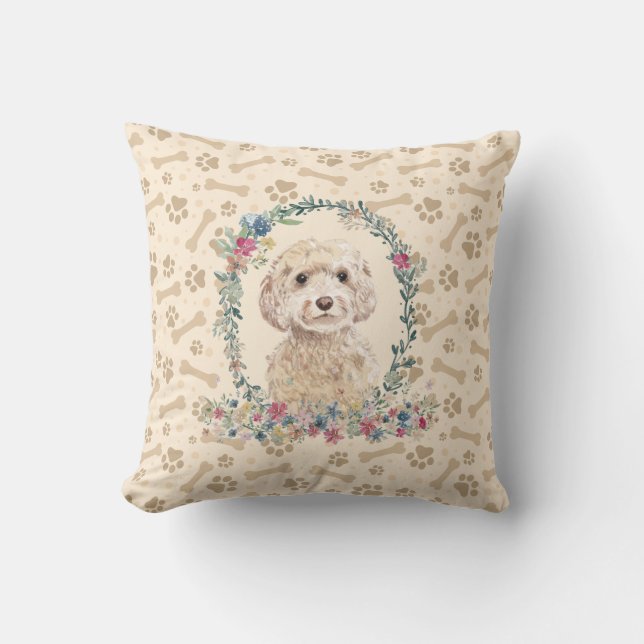 Champagne Cockapoo Dog Paw Print & Floral Cute Throw Pillow (Front)