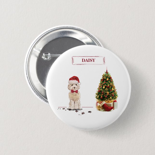 Champagne Cockapoo Funny Christmas Dog with Tree 2 Inch Round Button (Front & Back)