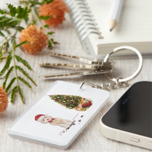 Champagne Cockapoo Funny Christmas Dog with Tree Keychain